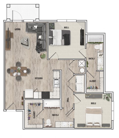 Floor plan for 2 beds, 2 baths, 1029 sqft