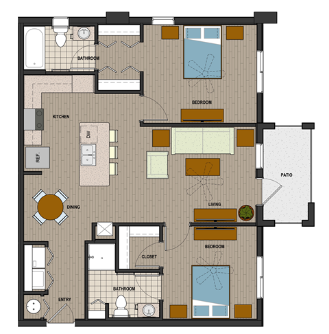 Floor plan for 2 beds, 2 baths, 1010 sqft