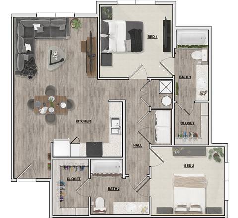 Floor plan for 2 beds, 2 baths, 1017 sqft