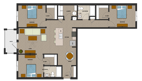 Floor plan for 3 beds, 2 baths, 1334 sqft