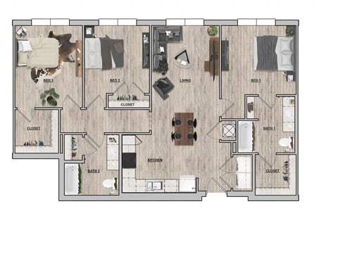 Floor plan for 3 beds, 2 baths, 1242 sqft