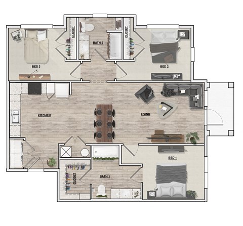 Floor plan for 3 beds, 2 baths, 1185 sqft