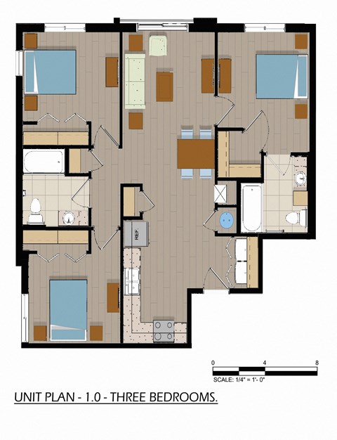Floor plan for 3 beds, 2 baths, 1062 sqft