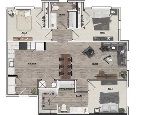 Floor plan for 3 beds, 2 baths, 1185 sqft
