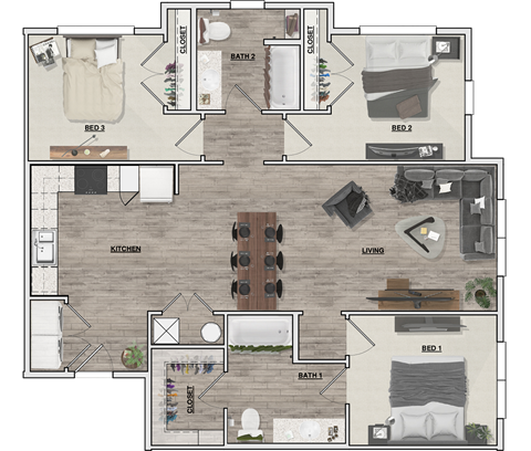 Floor plan for 3 beds, 2 baths, 1185 sqft