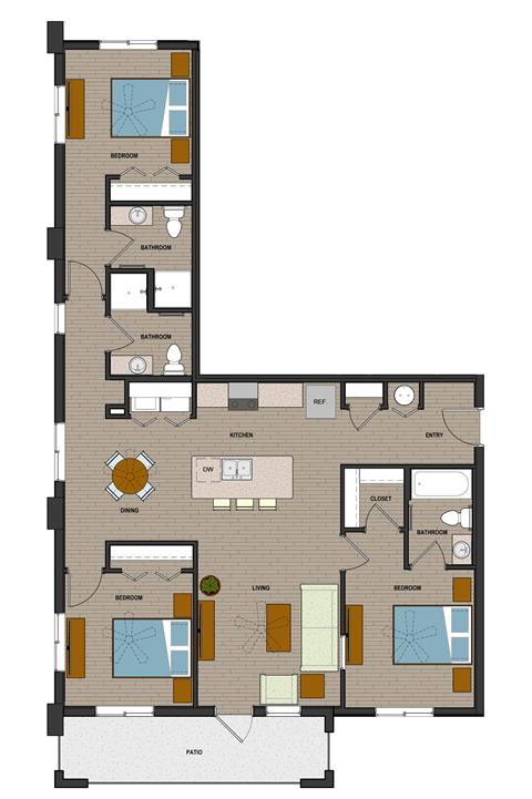 Floor plan for 3 beds, 3 baths, 1334 sqft