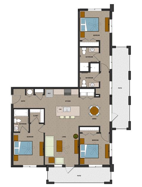 Floor plan for 3 beds, 3 baths, 1334 sqft