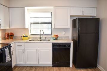 Tampa apartment for rent - A black refrigerator stands in a kitchen with white cabinets.