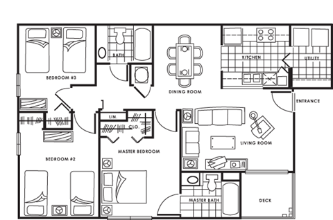 Floor plan for 3 beds, 2 baths, 1134 sqft