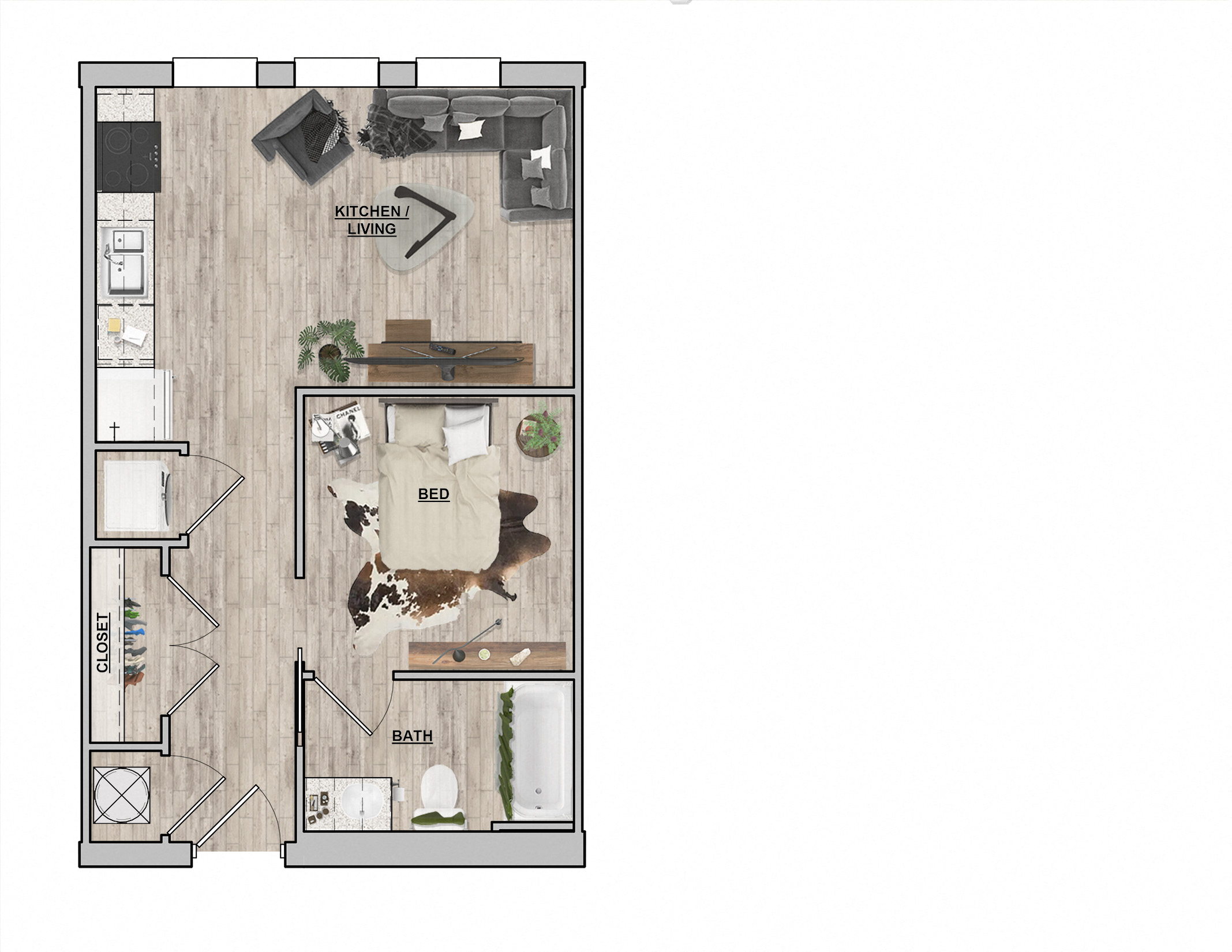 Floor plan for 1 bed, 1 bath, 516 sqft