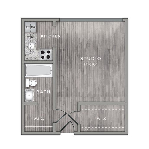 Floor plan for studio, 1 bath, 384 sqft
