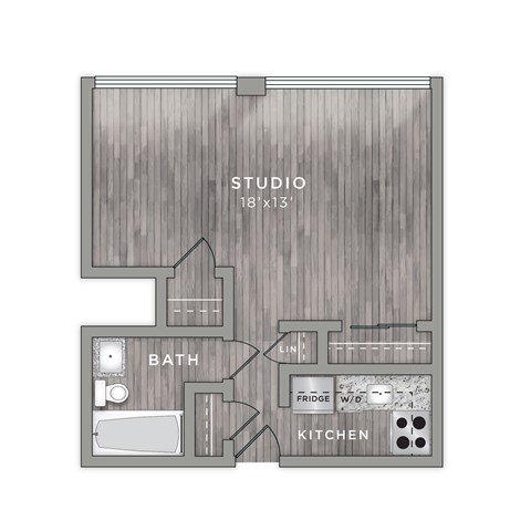 Floor plan for studio, 1 bath, 411 sqft