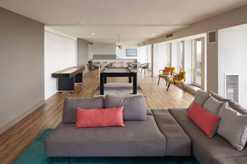 Chicago apartment for rent - A living room with a grey couch and a green rug.