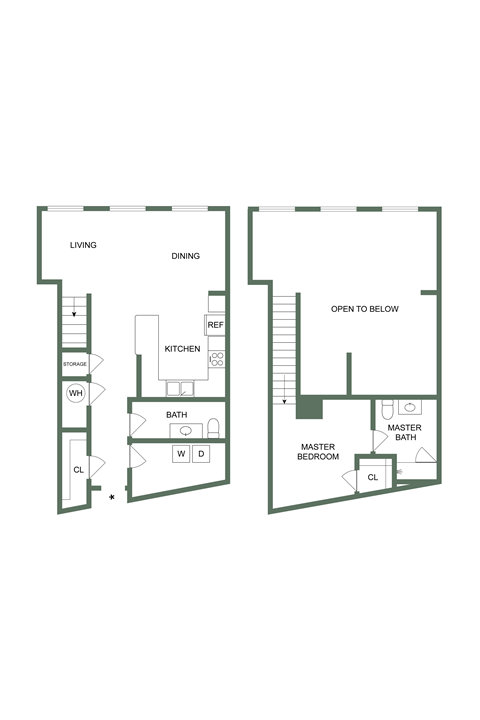 Floor plan for 1 bed, 1.5 baths, 1050 sqft