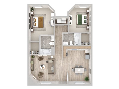 Floor plan for 2 beds, 2 baths, 1000 sqft