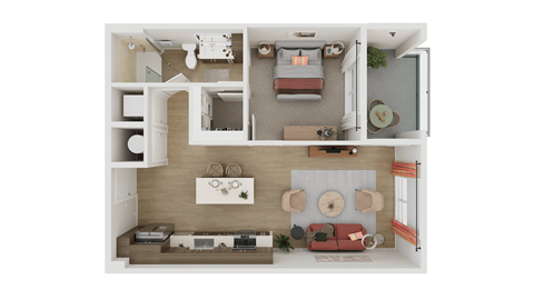 Floor plan for 1 bed, 1 bath, 730 sqft