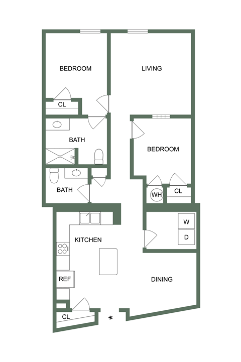 Floor plan for 2 beds, 2 baths, 1226 sqft