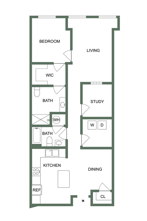 Floor plan for 1 bed, 2 baths, 1072 sqft