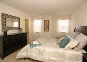 Columbia apartment for rent - A bedroom with a bed, dresser, and mirror.