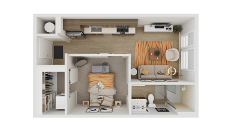 Floor plan for studio, 1 bath, 570 sqft