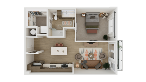 Floor plan for 1 bed, 1 bath, 750 sqft