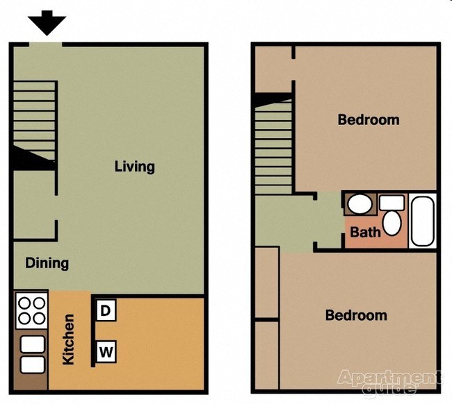 Floor plan for 2 beds, 1 bath, 990 sqft