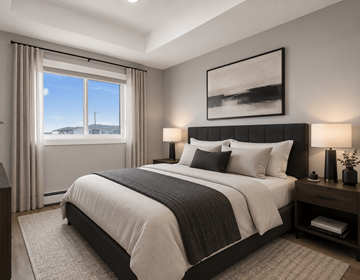 Calgary apartment for rent - A bedroom with a large bed and a window overlooking a snowy landscape.