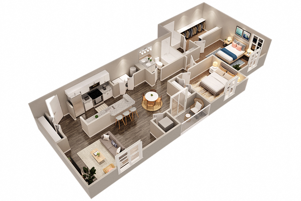Floor plan for 2 beds, 2 baths, 1024 sqft