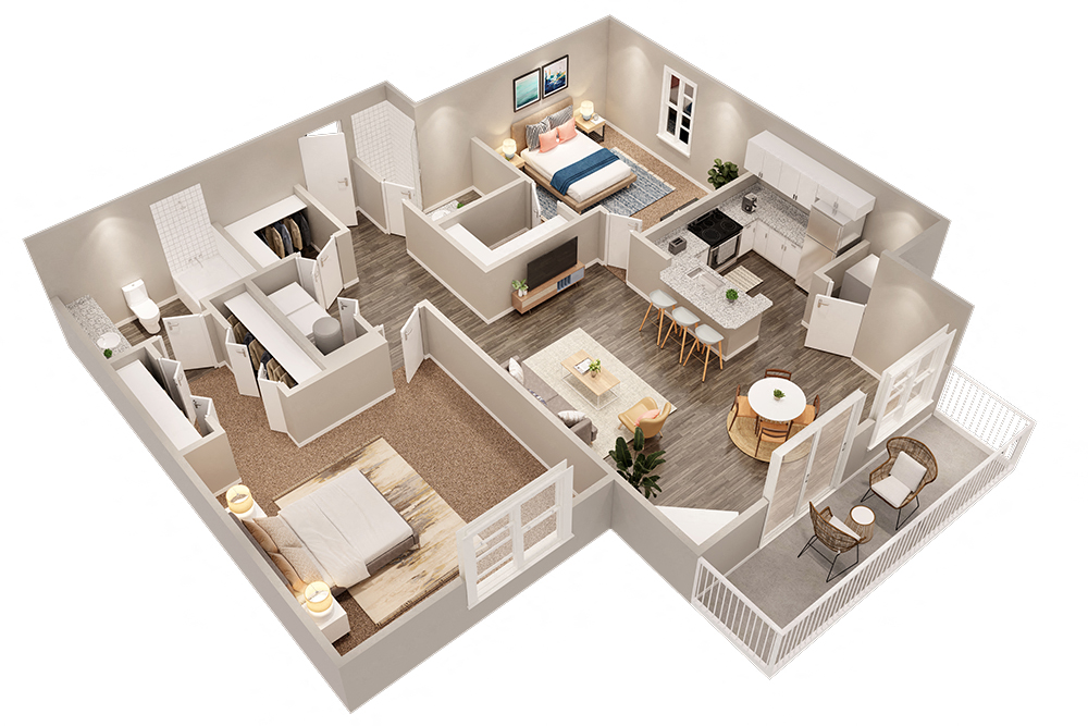 Floor plan for 2 beds, 2 baths, 1040 sqft