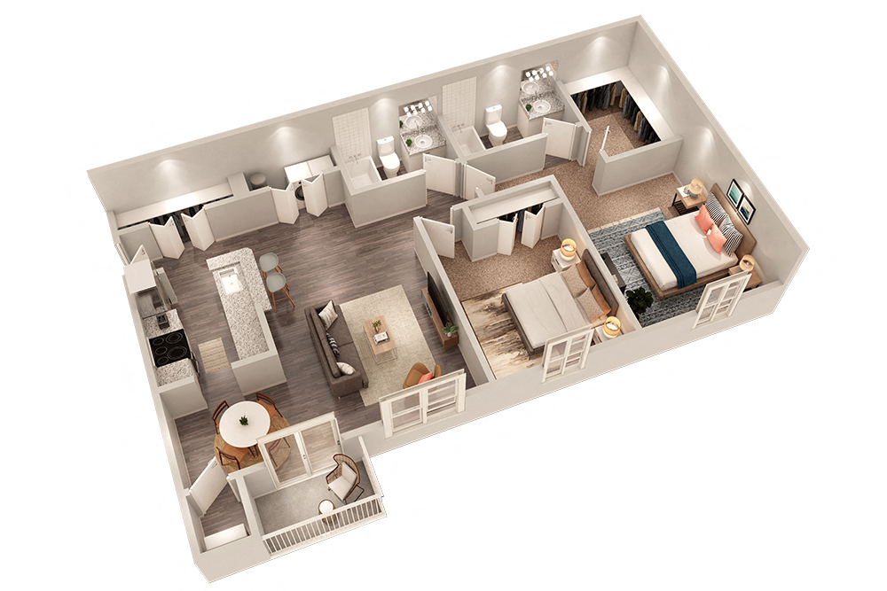 Floor plan for 2 beds, 2 baths, 1074 sqft