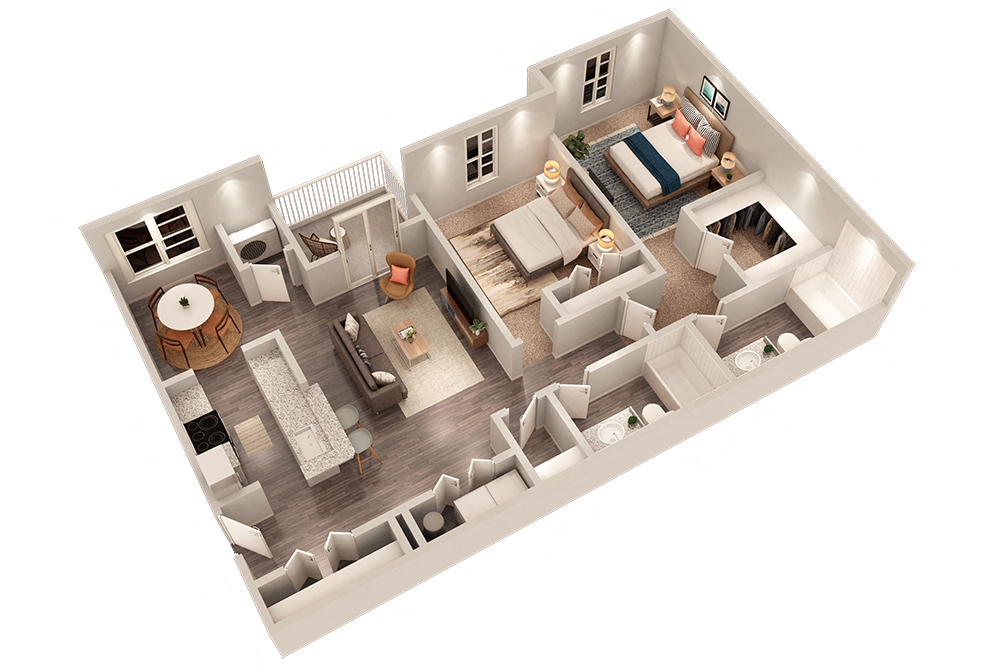 Floor plan for 2 beds, 2 baths, 1074 sqft