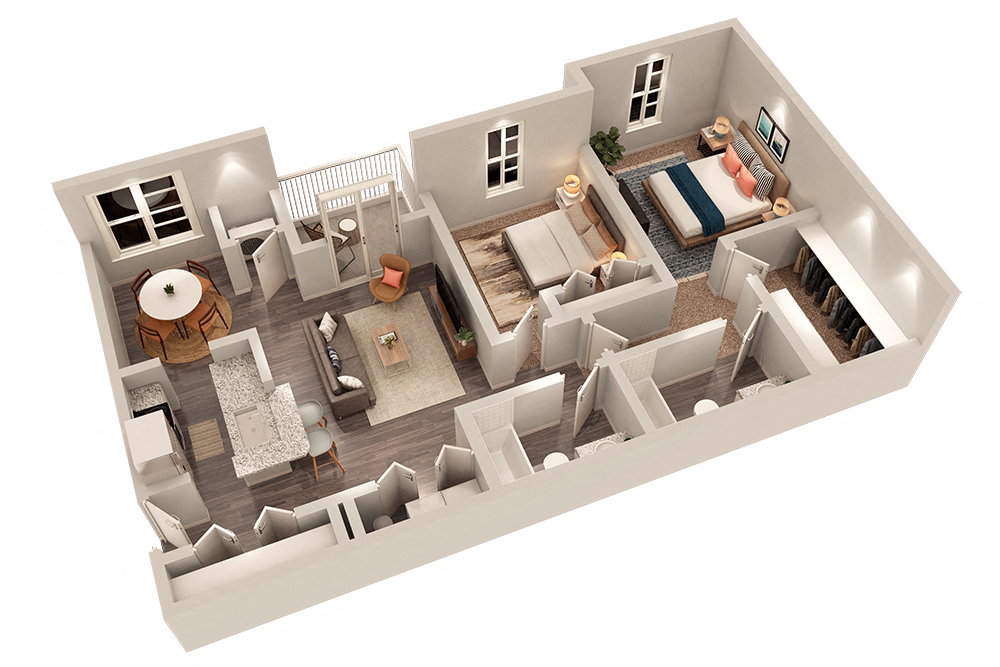 Floor plan for 2 beds, 2 baths, 1074 sqft