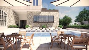 Des Moines apartment for rent - a rendering of a patio with tables and chairs by a pool