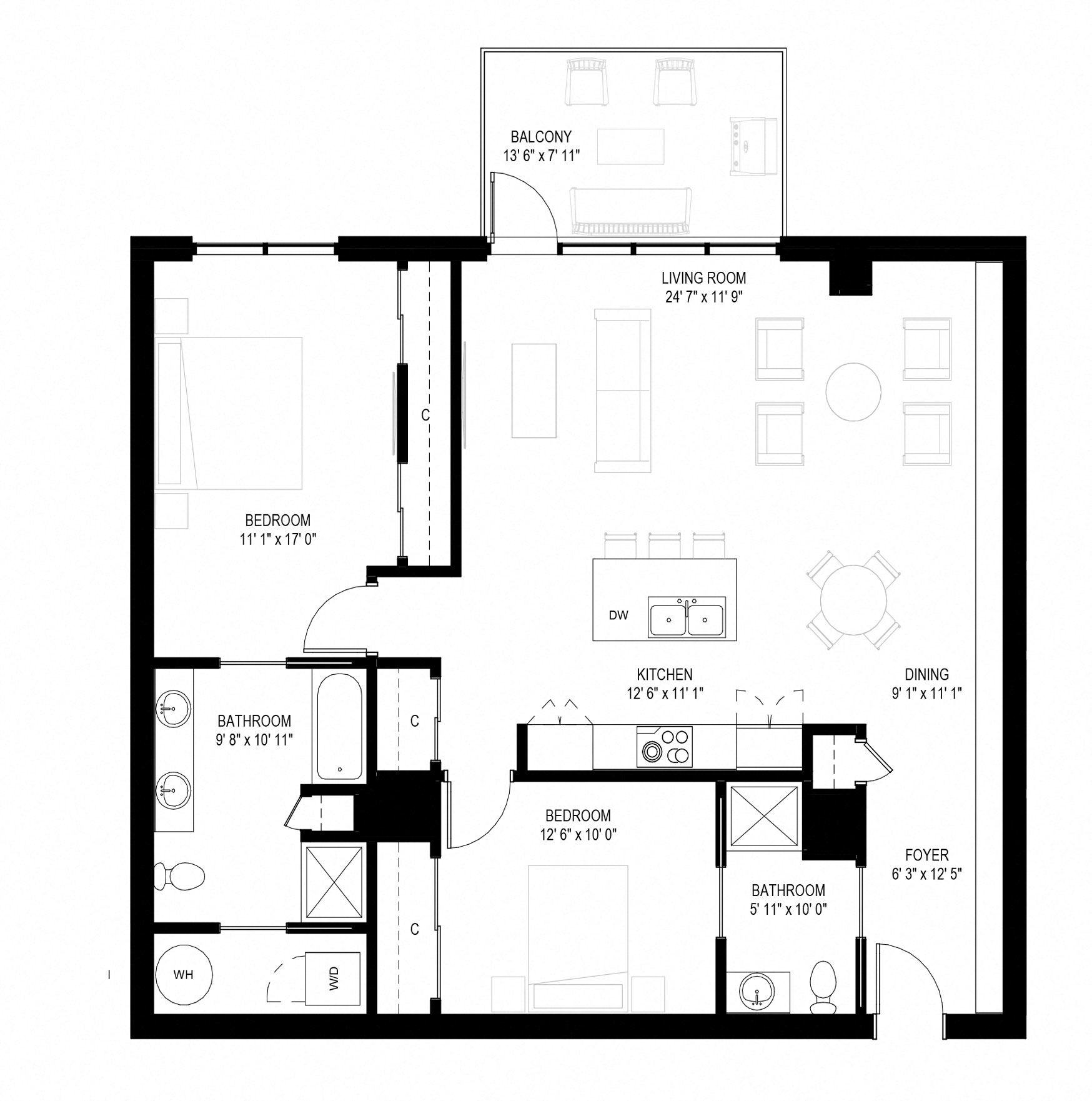 Floor plan for 2 beds, 2 baths, 1334 sqft