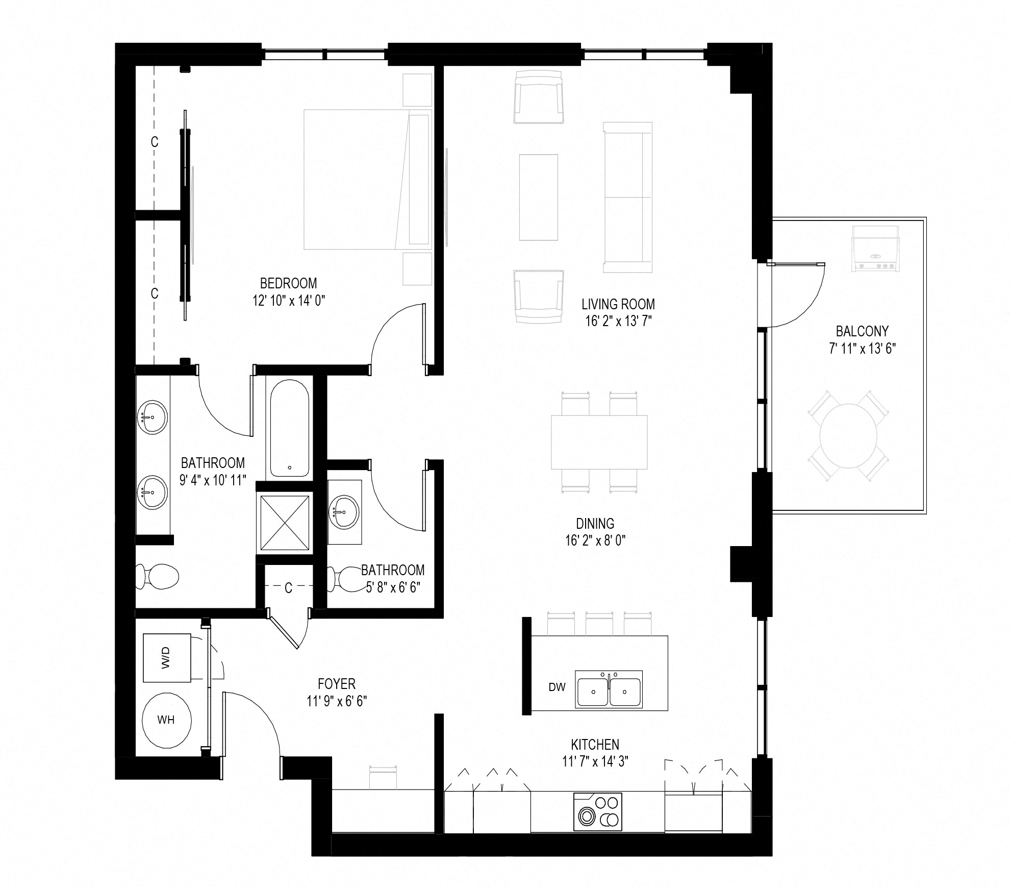 Floor plan for 1 bed, 1.5 baths, 1224 sqft