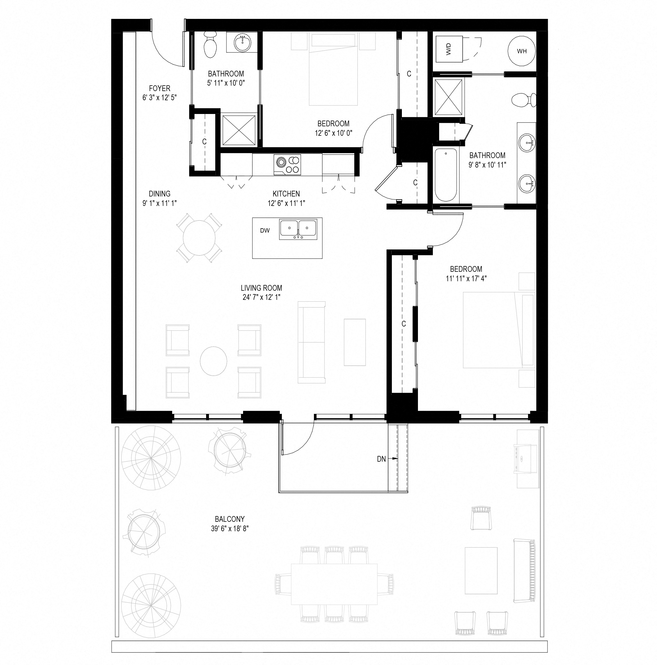 Floor plan for 2 beds, 2 baths, 1347 sqft