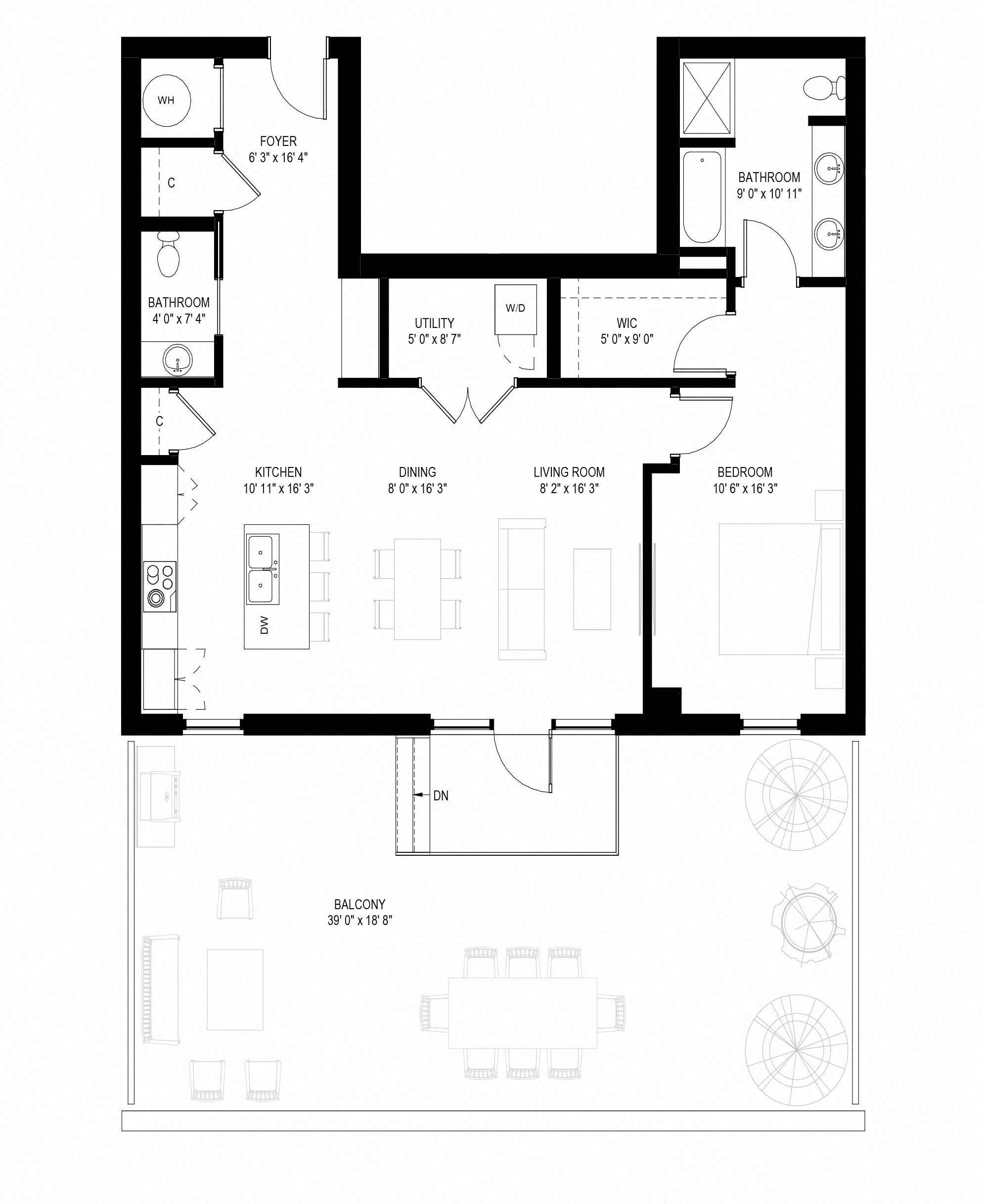 Floor plan for 1 bed, 1.5 baths, 1144 sqft