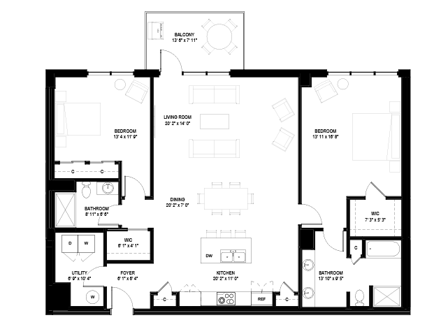 Floor plan for 2 beds, 2 baths, 1660 sqft