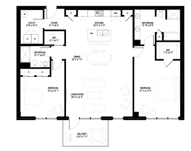 Floor plan for 2 beds, 2 baths, 1685 sqft