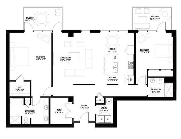 Floor plan for 2 beds, 2 baths, 1762 sqft