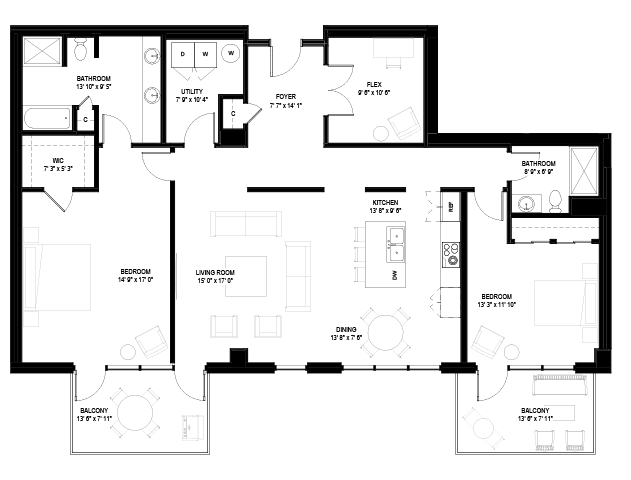 Floor plan for 2 beds, 2 baths, 1796 sqft