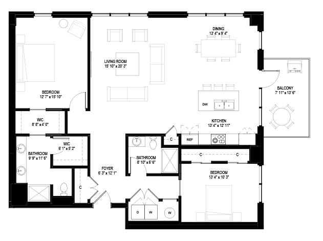 Floor plan for 2 beds, 2 baths, 1554 sqft