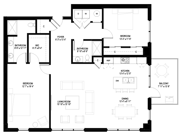 Floor plan for 2 beds, 2 baths, 1577 sqft