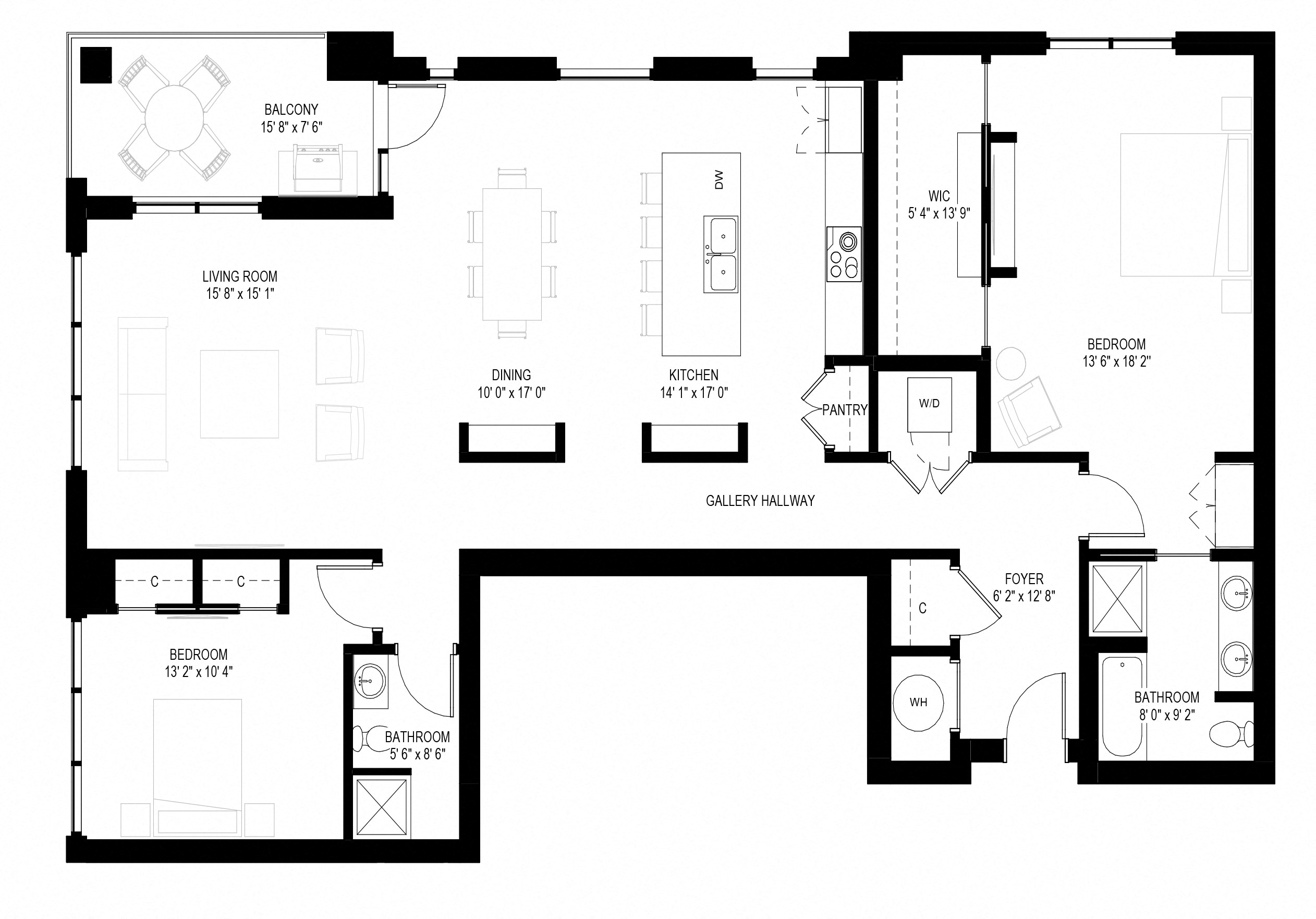 Floor plan for 2 beds, 2.5 baths, 1787 sqft