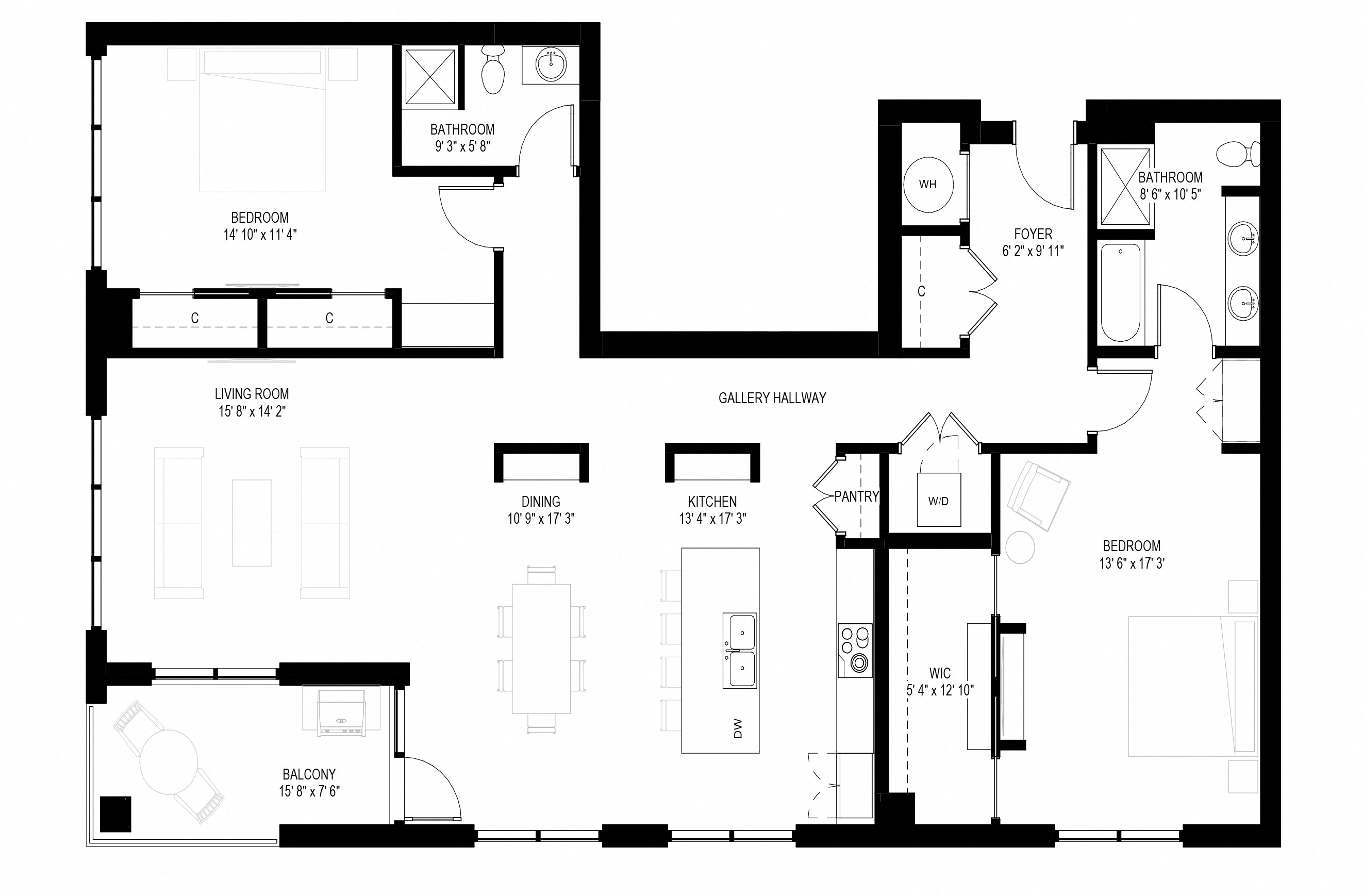 Floor plan for 2 beds, 2 baths, 1887 sqft