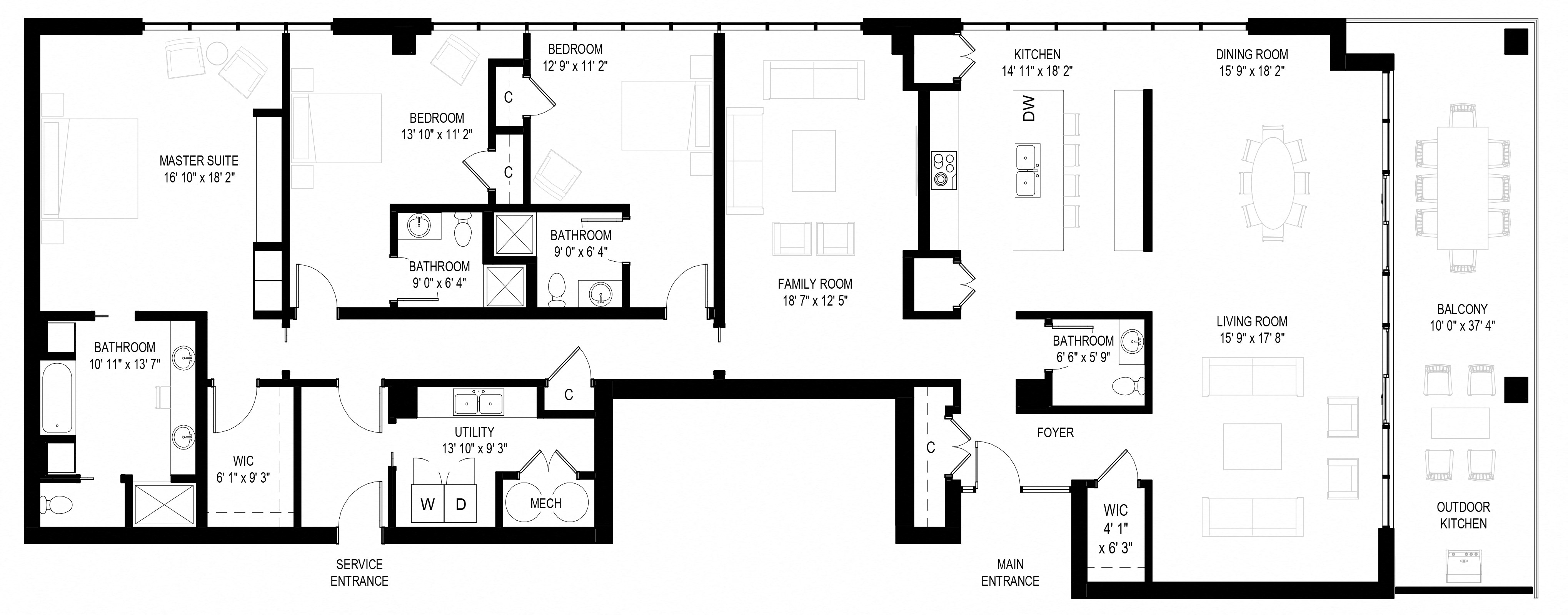 Floor plan for 3 beds, 3.5 baths, 3022 sqft