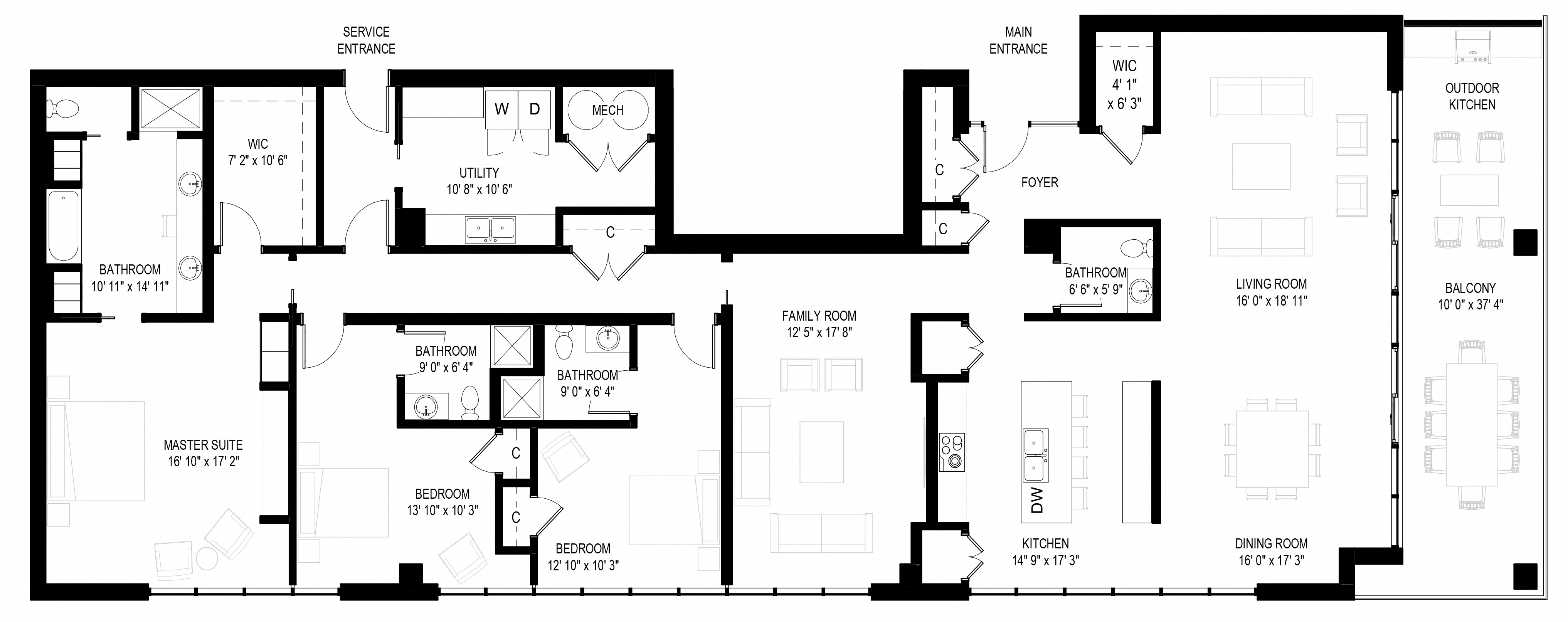 Floor plan for 3 beds, 3.5 baths, 3071 sqft
