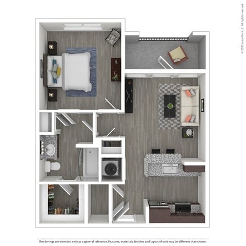 Floor plan for 1 bed, 1 bath, 684 sqft