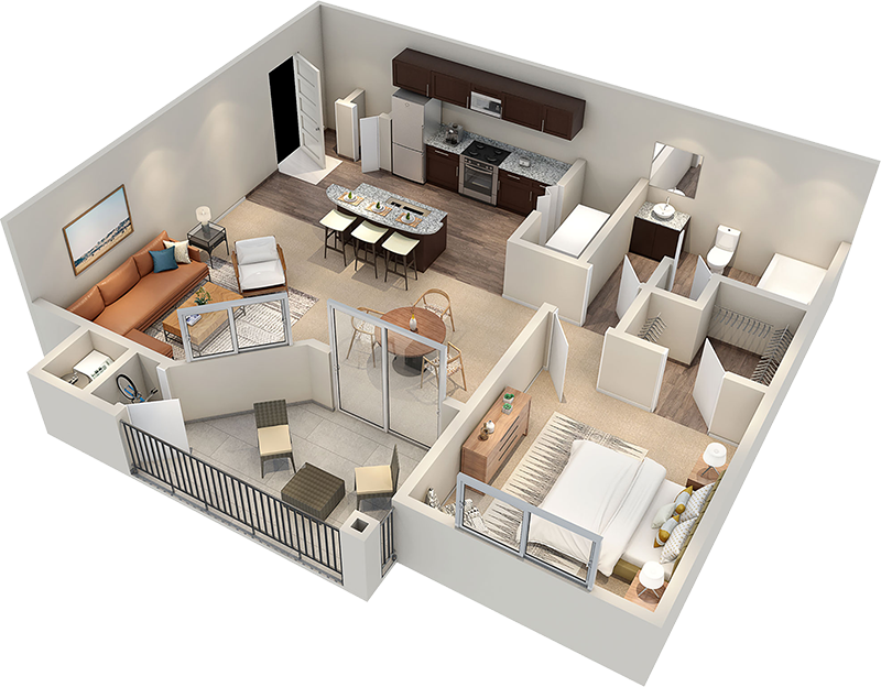 Floor plan for 1 bed, 1 bath, 836 sqft