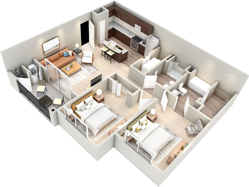 Floor plan for 2 beds, 2 baths, 1019 sqft